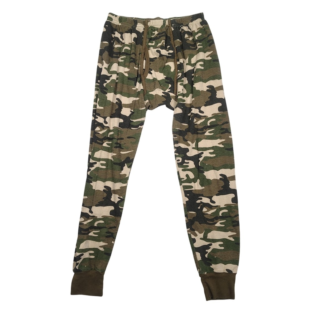 Arctic Trail Thermal Pants Mens M Green Camo Waffle Knit Cotton Blend Long Johns